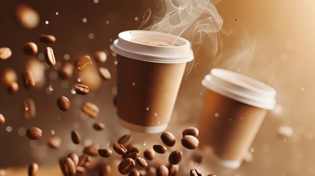 Paper coffee cups with smoke and beans floating in the air against brown blurred background.