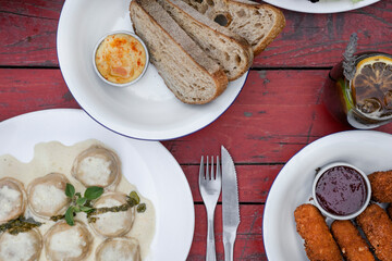 Top view of the restaurant table with delicious dishes