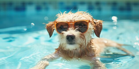puppy dog lounging in the pool with sunglasses