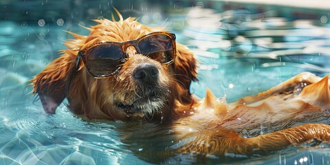 puppy dog lounging in the pool with sunglasses - obrazy, fototapety, plakaty
