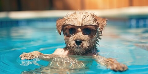 puppy dog lounging in the pool with sunglasses - obrazy, fototapety, plakaty