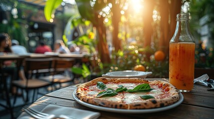 Fresh delicious pizza on the table in a restaurant on the streets of Italy