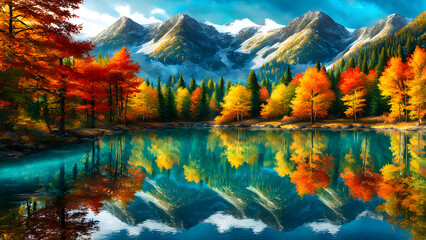 Autumn scenery of lakes and mountains, yellow leaves reflected in the lake, and spectacular snow-capped mountains in the distance
