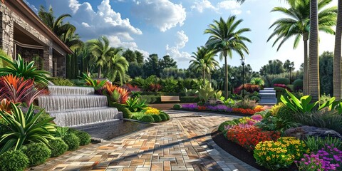 Home landscaping - vast front yard garden with pathway and dirveway along with gravel and vegetation - obrazy, fototapety, plakaty