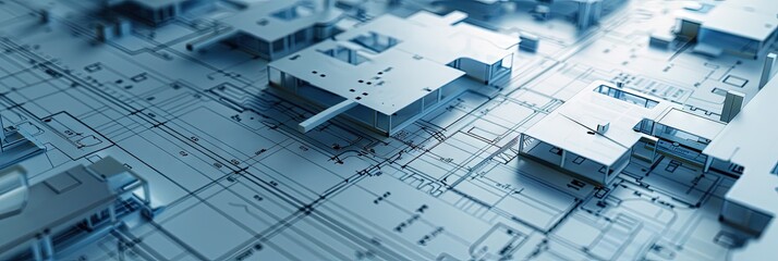 Architectural design plans - blueprints to build a corporate office building with 3D model