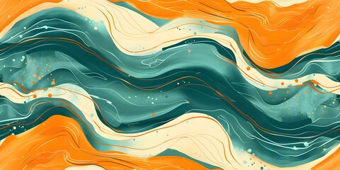 Vibrant teal waves with orange streaks create a dynamic abstract pattern seamless background. Concept Abstract Art, Teal Waves, Orange Streaks, Dynamic Pattern, Seamless Background