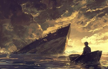 Solitary young man in a rowboat gazing upward at the catastrophic wreck of a passenger ship - obrazy, fototapety, plakaty