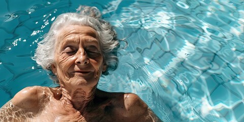 Older woman floating in the swimming pool sunbathing in the afternoon sun - obrazy, fototapety, plakaty