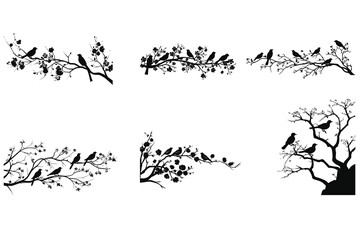 A set of silhouettes of a graceful tree blooming flowers with birds.

