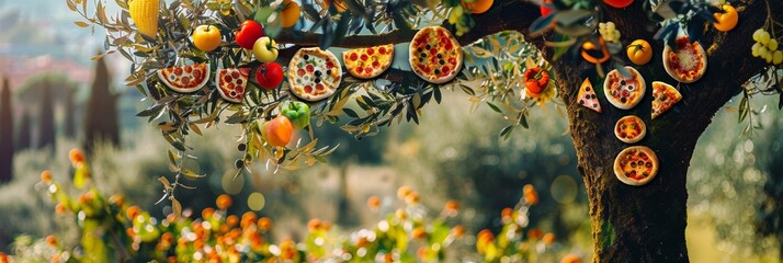 A whimsical pizza tree branches laden with different flavored pizza slices set in an Italian countryside orchard