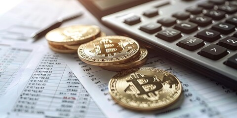 Bitcoin taxes concept - cryptocurrency gains are a form of income, and these investments are tracked by the IRS when withdrawn from exchanges - obrazy, fototapety, plakaty