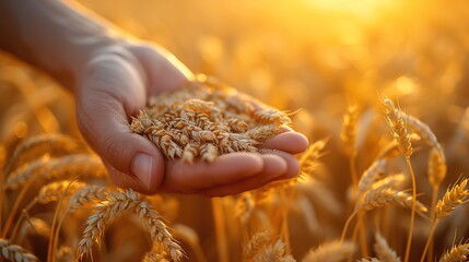 A man holds golden ears of wheat against the background of a ripening field.