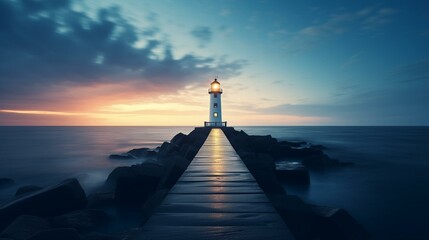 Serene Dusk at Seaside Lighthouse, Navigational Beacon Landscape