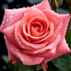 Close-up View of a Dew-Kissed Pink Rose in Full Bloom