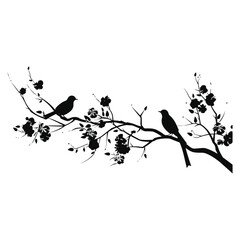 A set of silhouettes of a graceful tree blooming flowers with birds.
