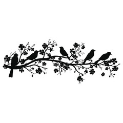 A set of silhouettes of a graceful tree blooming flowers with birds.
