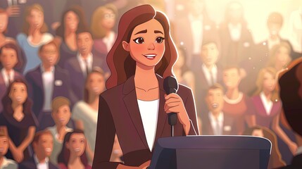 Female politician giving speech at political rally for social justice to get elected - obrazy, fototapety, plakaty