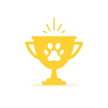 Pet trophy icon, dog winner cup with paw print, Vector isolated illustration