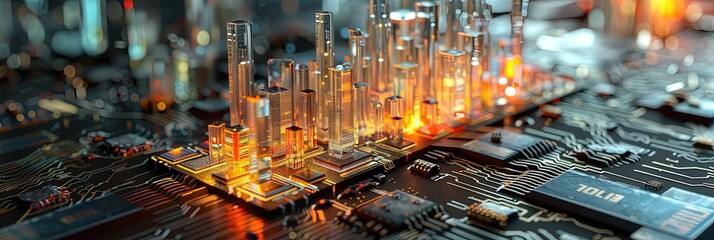 Silicon Valley - city made of glass on circuitry and digital data with engineering schematics and blueprints