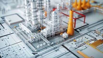 Manufacturing factory 3D model on top of architectural blueprints