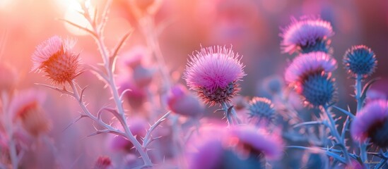 A cluster of Bull thistle flowers, scientifically known as Cirsium vulgare, thriving in a field of green grass during the summer season. The vibrant purple flowers are in full bloom, surrounded by - Powered by Adobe