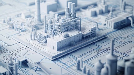 Manufacturing factory 3D model on top of architectural blueprints - obrazy, fototapety, plakaty