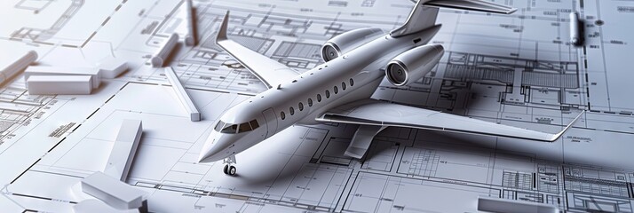3D model of a private jet on engineering schematics - commercial flight concept