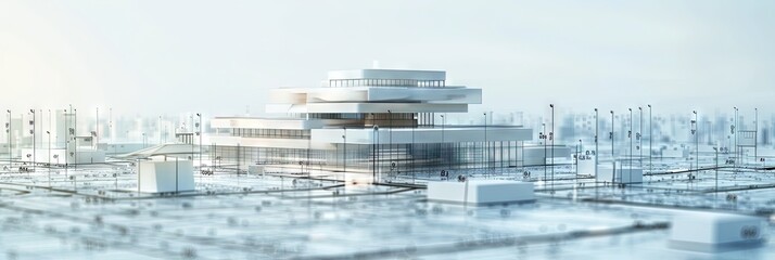 3D model of corporate headquarters (hq). Enterprise office workplace on top of architecture blueprints