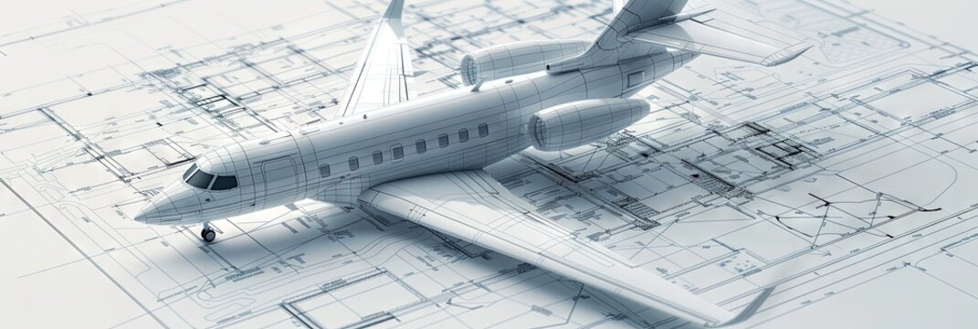 3D model of a private jet on engineering schematics - commercial flight concept