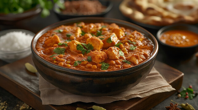 Assorted various Indian food on a dark rustic background. Traditional Indian dishes Chicken tikka masala, palak paneer, saffron rice, lentil soup, pita bread and spices. Square photo.Top view