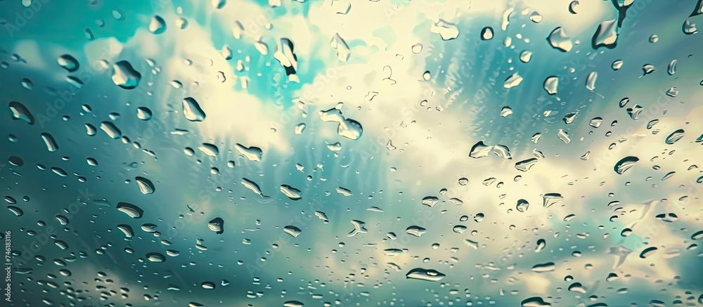 Poster close-up view of raindrops on the window of a car, with a background of a cloudy sky. the water drop