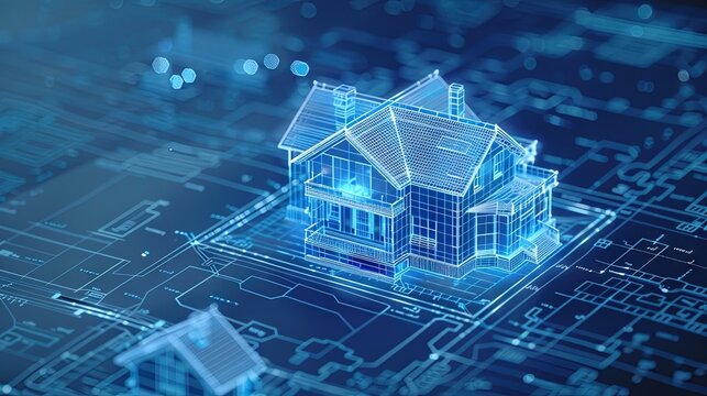 House made of digital data on architectural blueprints
