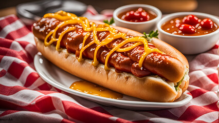 Delicious hearty hot dogs covered in sauce, picnic scene
