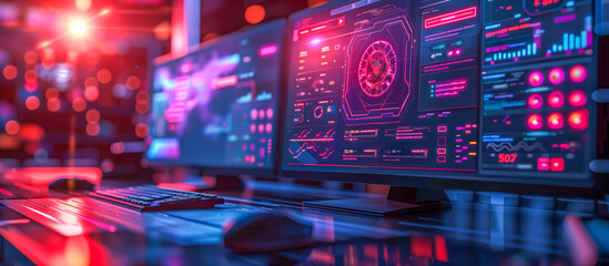 Neon-Lit Network Operations Center with Advanced Monitoring Displays