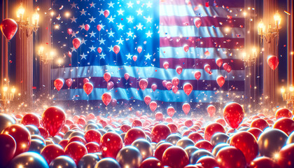 Electrifying GOP Victory Celebration with Fireworks and Balloons - obrazy, fototapety, plakaty