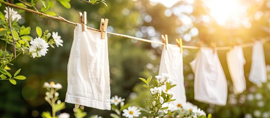 A row of white towels hangs neatly from a clothesline outdoors, secured by wooden clothespins. The towels sway gently in the breeze, drying under the sun. - obrazy, fototapety, plakaty