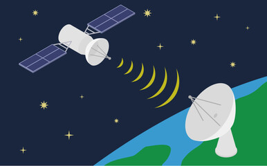 アイソメトリックイラスト:人工衛星とパラボラアンテナ © stomy