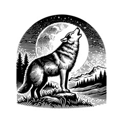 wolf in wilderness howling pose with background moon and forest scene hand drawn art style vector illustration