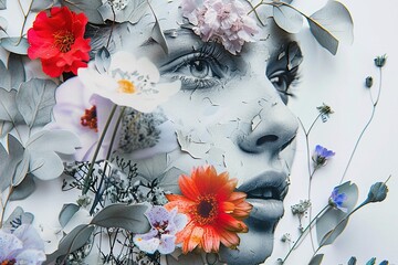 An exciting paper collage with a girl's face and flowers.