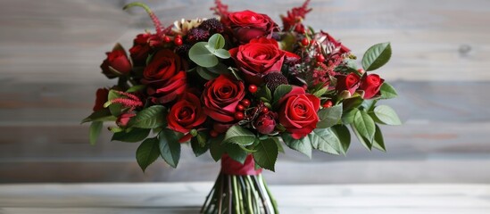A gorgeous arrangement of deep red roses displayed in a clear glass vase. The rich hue of the roses contrasts beautifully with the simplicity of the vase, creating a striking focal point.