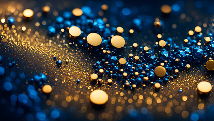 Luxurious abstract background composed of blue and gold, water drops and sphere shapes
