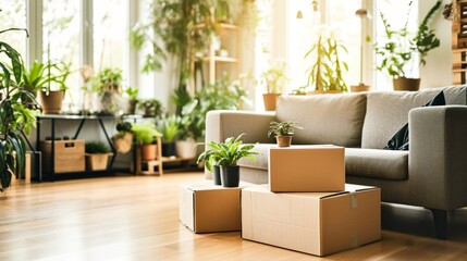  moving boxes in modern living room. Lots of bright light filling area and plants. Light beech floors  - obrazy, fototapety, plakaty