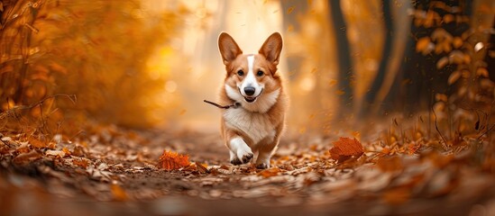An adorable Corgi dog runs through a forest covered in autumn leaves.