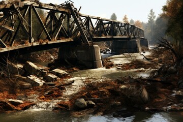 Charming River wood bridge. Water sky. Generate Ai