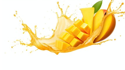 mango slices with splash of mango juice isolated on transparent background