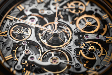 A combination of precision gears and gears that drive a clock. Precision industrial production concept.