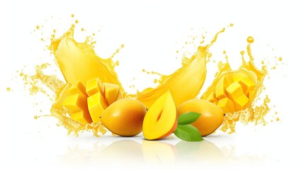 mango slices with splash of mango juice isolated on transparent background - obrazy, fototapety, plakaty