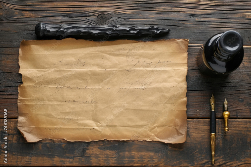 Wall mural old paper scroll and quill on wood