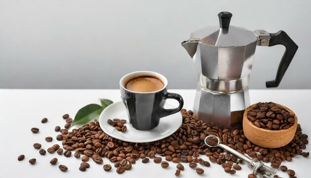 Coffee Setup with Beans Cup and Moka Pot on white background, space for text or design products, cup of coffee with beans