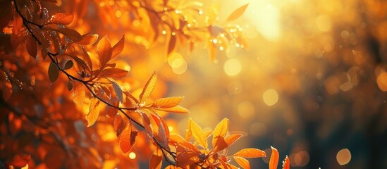 A close-up shot of a tree branch with vibrant yellow leaves glistening in the autumn morning.